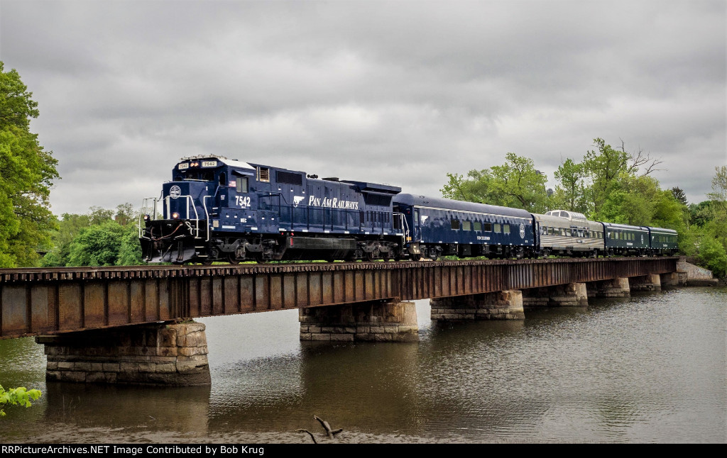 Pan Am Railways' final Office Car Special crosses the Hoosick River at Schaghticoke